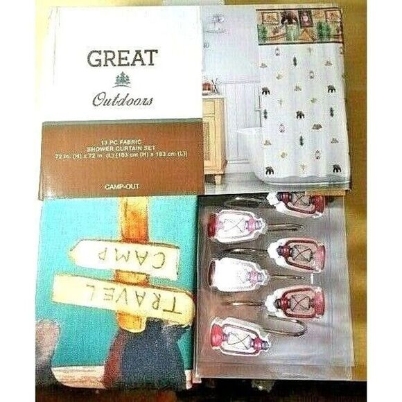 Great Outdoors Shower Curtain Red Lantern Hooks Cabin Lodge 13pc Bath Fabric NEW - Picture 1 of 7